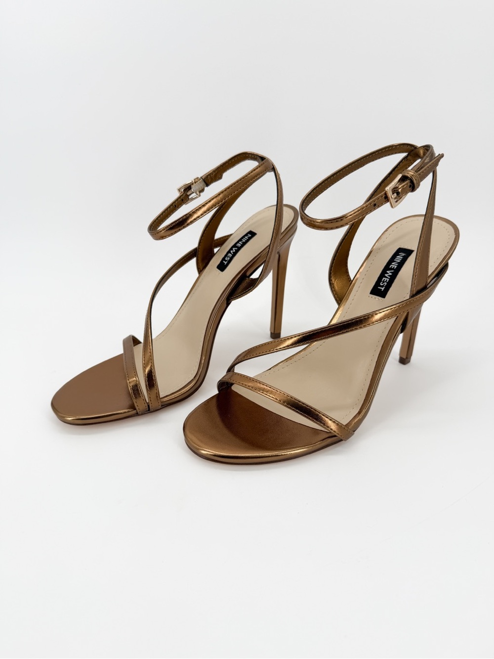 Nine West Miorla Metallic Strappy Sandals Stiletto Heel Ankle Strap Gold 8 NEW